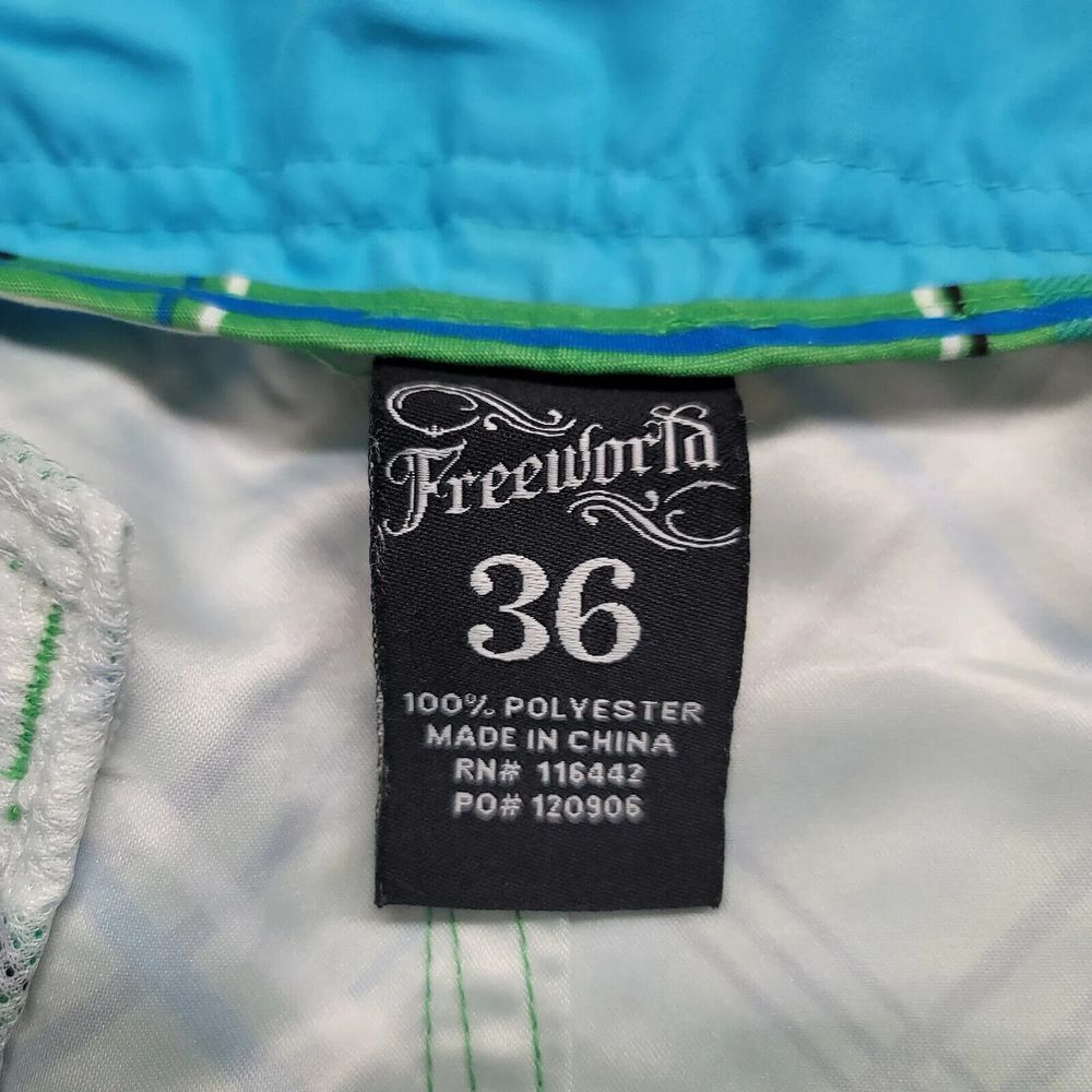 Freeworld Shorts Mens 36 Green Cargo Boardshorts Swim Plaid Outdoors Drawstring - Picture 6 of 9